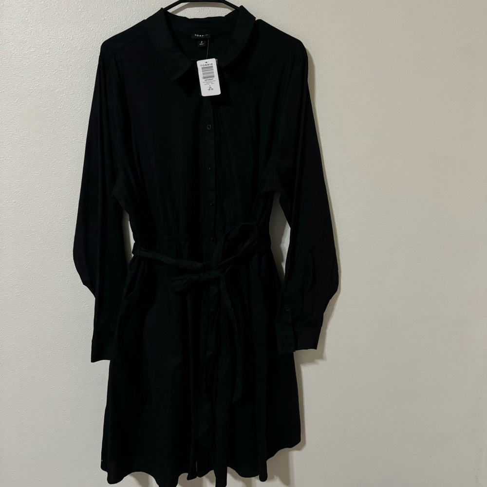 Torrid Mini Poplin Shirtdress Deep Black Belted Stretch Cotton 2023 NWT-2 - Picture 2 of 12